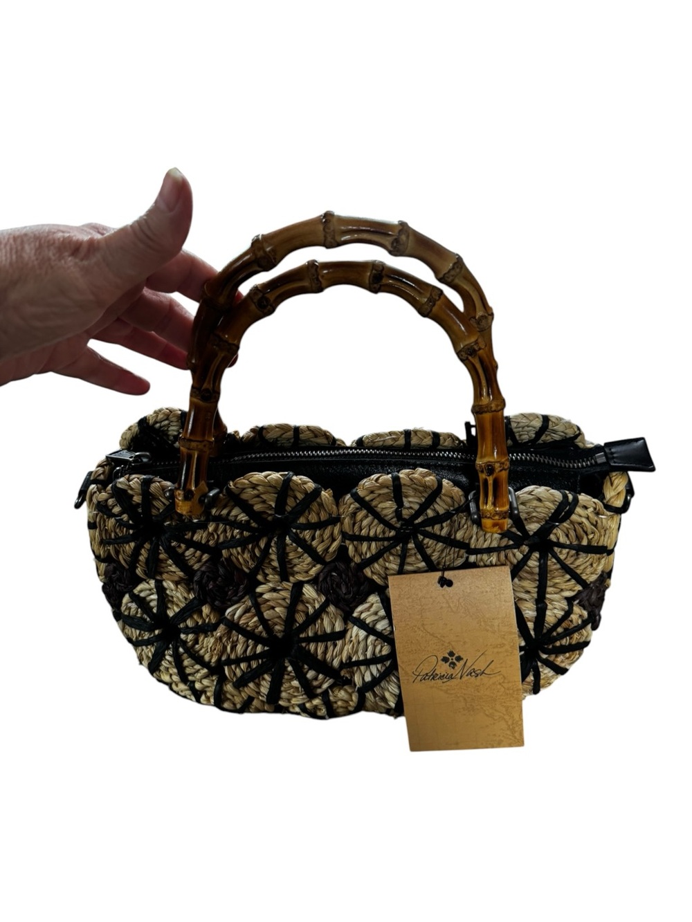 NWTs Patricia Nash Natural/Black Palmarola Satchel Straw and Floral Print